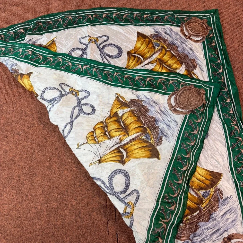 Vintage Nautical Silk Scarf Hand Printed Rolled Tall Ships Anchors Green 31x31